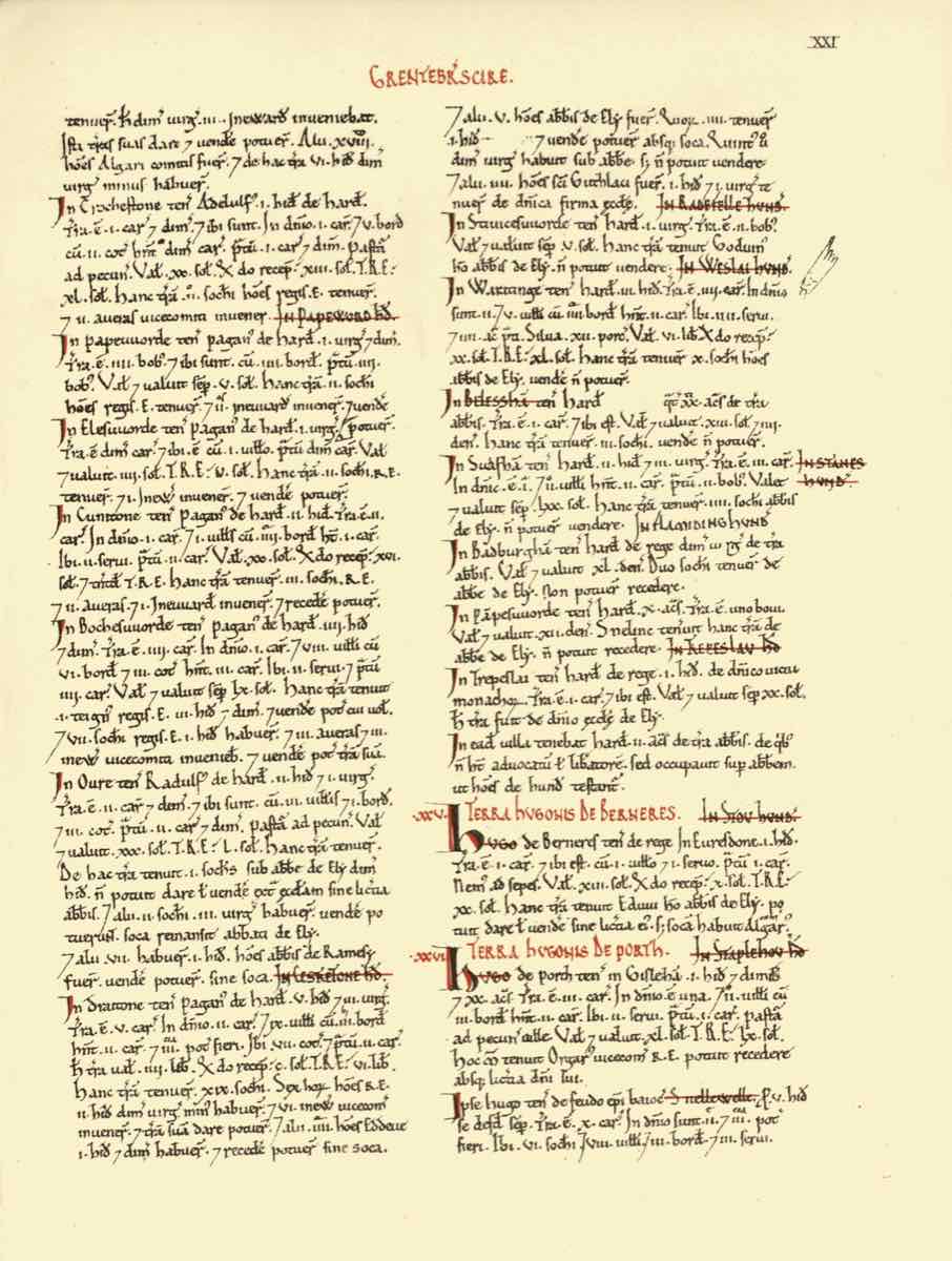 Uma página manuscrita em latim do Domesday Book, relativa ao Cambridgeshire