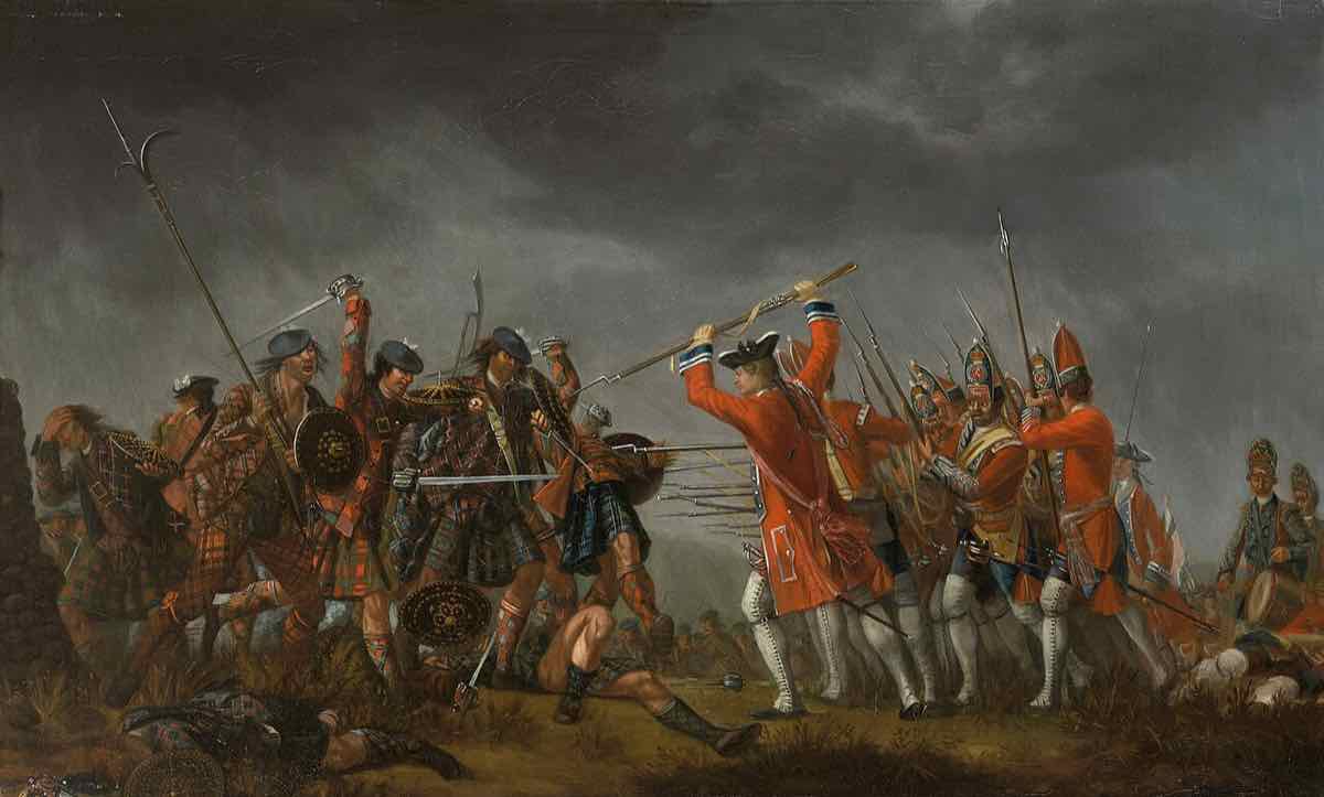 XVIII-wieczny obraz olejny: w bitwie pod Culloden żołnierze rządowi w czerwonych mundurach walczą wręcz z góralami w tartanie