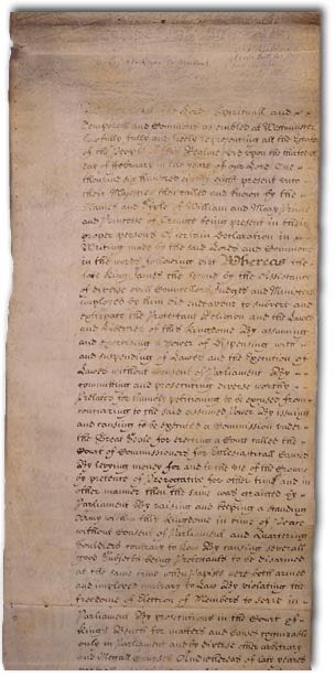 1689 Bill of Rights'ın parşömen üzerine sık satırlarla el yazısıyla yazılmış özgün nüshası
