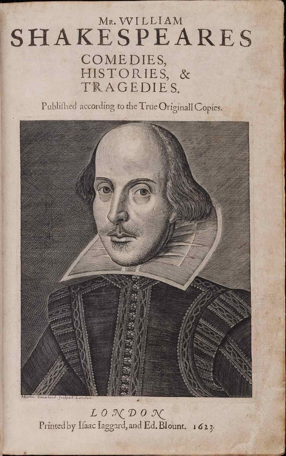Strona tytułowa Pierwszego Folio Szekspira z 1623 roku, z rytowanym portretem Szekspira