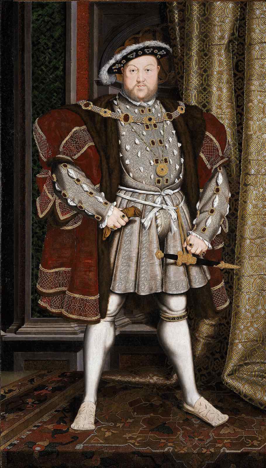 Portret Henryka VIII: szerokie ramiona, broda i bogaty strój pokryty klejnotami